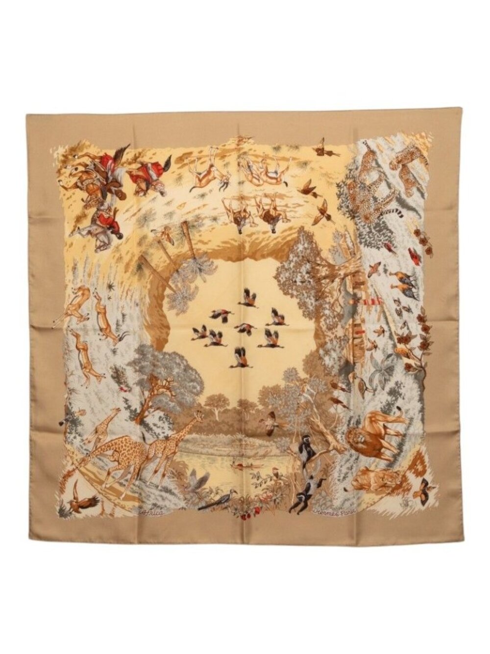Hermes Carre 90 Africa Scarf Large Beige Silk